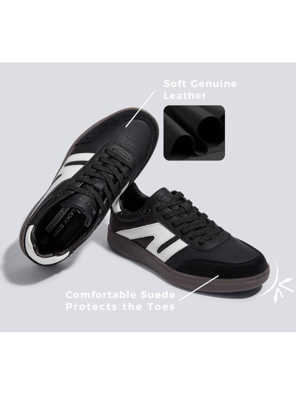 Women Black Leather Retro Gum Sole Leather Sneakers Anti Slip Walking Shoes - Picture 3 of 6